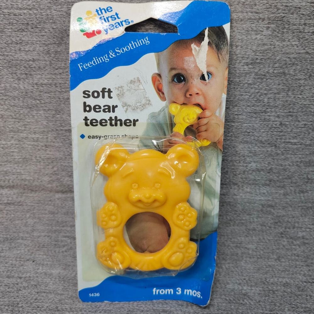 NEW BOX Vintage The First Years 3" Yellow Teddy Bear Baby Rubber Teething Ring